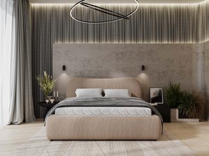 Miniaturka 25 - Beżowe łóżko tapicerowane z prostym zagłówkiem do nowoczesnych wnętrz