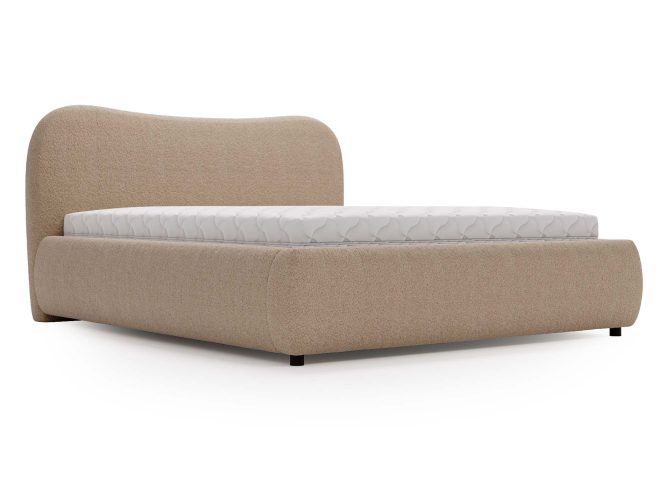 Beżowe łóżko z eleganckim zagłówkiem i stylową tapicerką