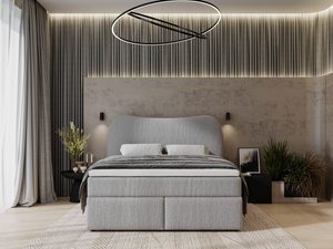Miniaturka 25 - Szare łóżko w nowoczesnej sypialni z oświetleniem ledowym i zasłonami