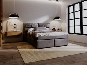 Miniaturka 32 - Brązowe łóżko z dużym zagłówkiem i neutralną aranżacją sypialni