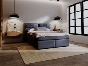 Miniaturka 31 - Granatowe łóżko z materacem w loftowej aranżacji z czarnymi lampami