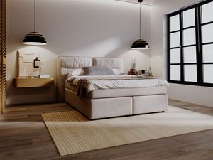 Miniaturka 36 - Beżowe łóżko w stylu skandynawskim w jasnej, nowoczesnej sypialni