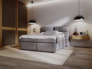 Miniaturka 37 - Szare łóżko w przytulnej sypialni z dwoma kinkietami ściennymi