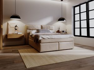 Miniaturka 35 - Beżowe łóżko kontynentalne z dwoma materacami w jasnej aranżacji