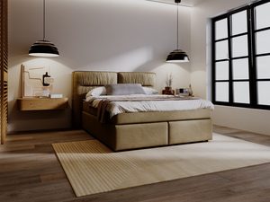 Miniaturka 34 - Oliwkowe łóżko z wysokim zagłówkiem w jasnej sypialni z drewnianą podłogą