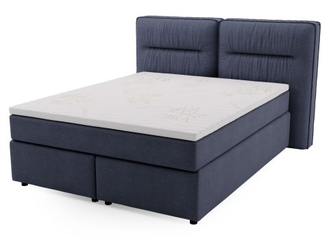 Granatowe łóżko tapicerowane z prostym przeszyciem i wyraźną strukturą tkaniny