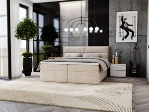 Miniaturka 20 - Beżowe łóżko tapicerowane z drewnianymi dekoracjami