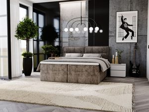 Miniaturka 19 - Beżowe łóżko tapicerowane z drewnianymi dekoracjami