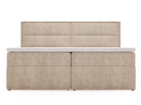 Beżowa sofa o minimalistycznym fasonie z pionowymi przeszyciami