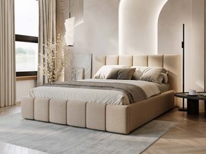 Miniaturka 36 - Łóżko tapicerowane beżowe boucle z segmentową ramą w sypialni