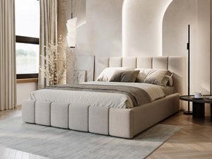 Miniaturka 41 - Łóżko kremowe boucle z segmentowaną ramą w eleganckim wnętrzu