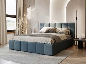 Miniaturka 39 - Niebieskie łóżko tapicerowane boucle w eleganckim wnętrzu