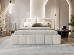 Miniaturka 38 - Łóżko kremowe tapicerowane z pikowanym zagłówkiem w sypialni