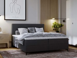 Miniaturka 32 - Grafitowe łóżko tapicerowane z prążkowanym zagłówkiem w sypialni