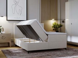 Miniaturka 29 - Kremowe łóżko z otwartym pojemnikiem na pościel w aranżacji