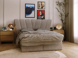 Miniaturka 12 - Łóżko tapicerowane beżowe z wachlarzowym zagłówkiem w sypialni