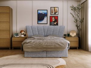 Miniaturka 14 - Sypialnia z szarym łóżkiem wachlarzowym i szafą rattanową