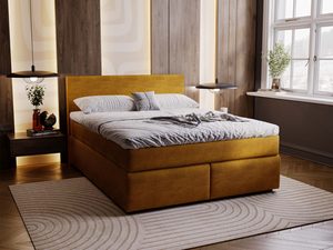 Miniaturka 26 - Musztardowe łóżko tapicerowane sztruksem w sypialni