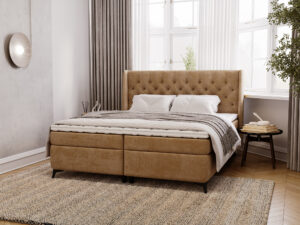 Miniaturka 37 - Karmelowe łóżko kontynentalne z pikowanym zagłówkiem w eleganckiej sypialni