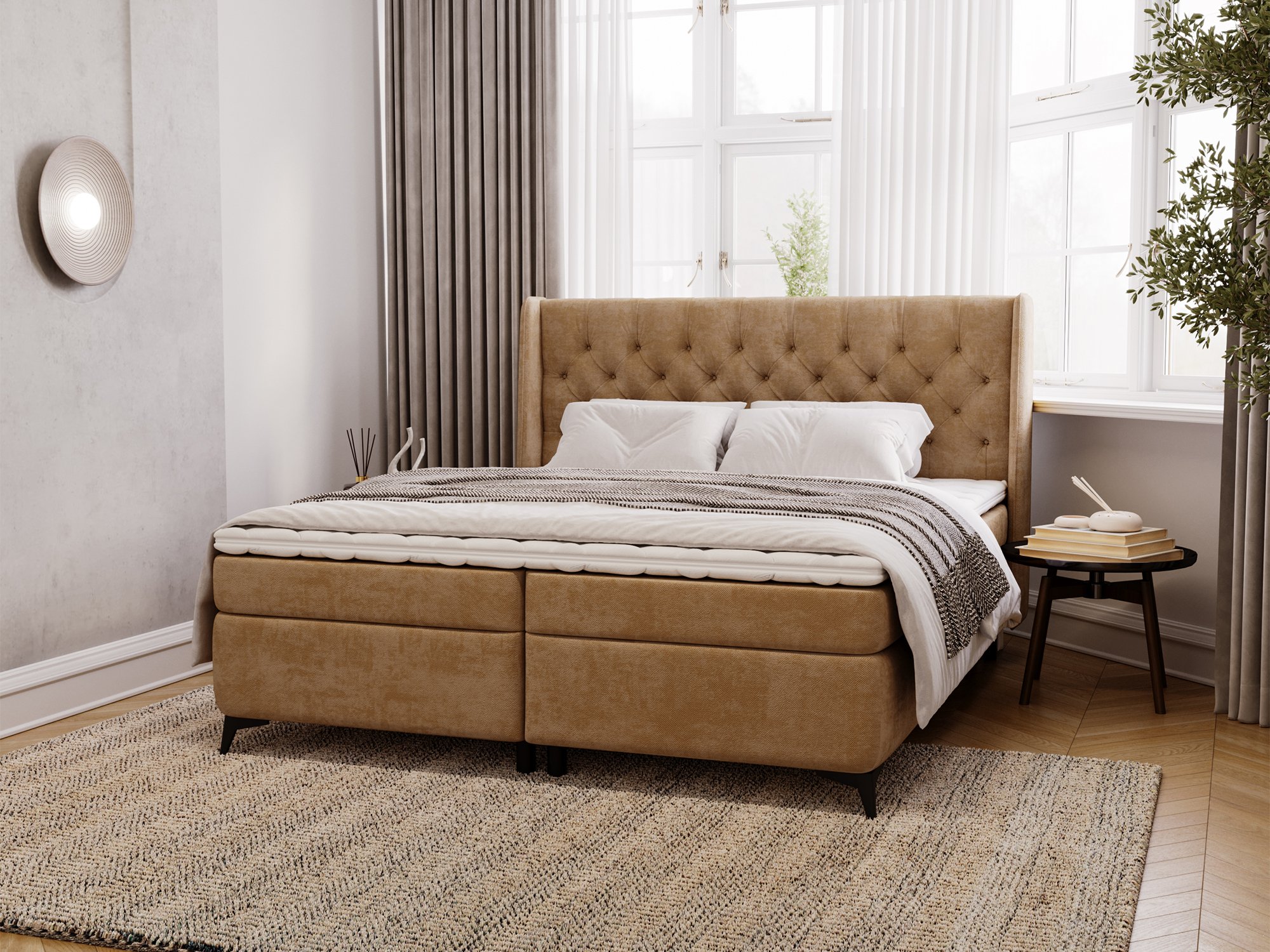 Karmelowe łóżko kontynentalne z pikowanym zagłówkiem w eleganckiej sypialni