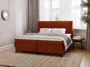 Miniaturka 44 - Łóżko kontynentalne ceglaste z pikowanym zagłówkiem chesterfield w sypialni