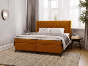 Miniaturka 43 - Musztardowe łóżko kontynentalne z pikowanym zagłówkiem w stylowej sypialni