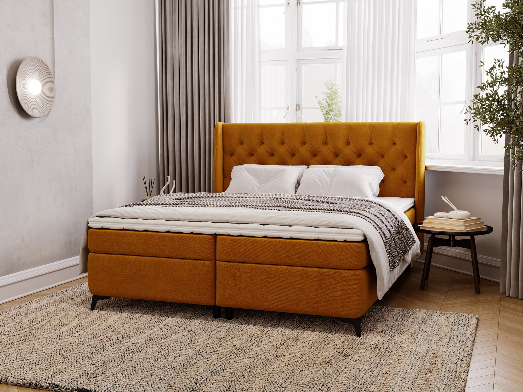 Musztardowe łóżko kontynentalne z pikowanym zagłówkiem w stylowej sypialni