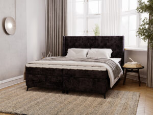 Miniaturka 40 - Brązowe łóżko kontynentalne z pikowanym zagłówkiem w nowoczesnej sypialni