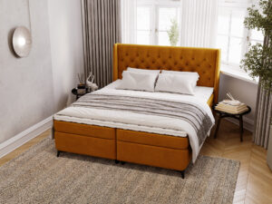 Miniaturka 39 - Kontynentalne łóżko musztardowe z pikowanym zagłówkiem chesterfield