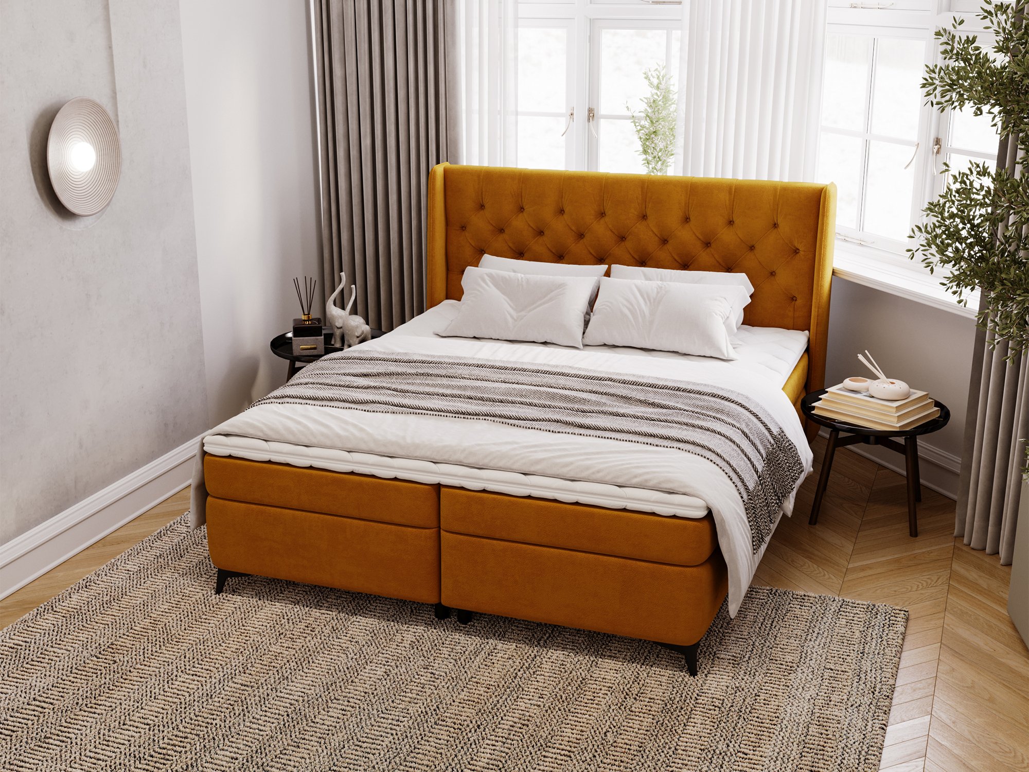 Kontynentalne łóżko musztardowe z pikowanym zagłówkiem chesterfield