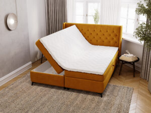 Miniaturka 38 - Łóżko musztardowe kontynentalne z eleganckim pikowanym zagłówkiem