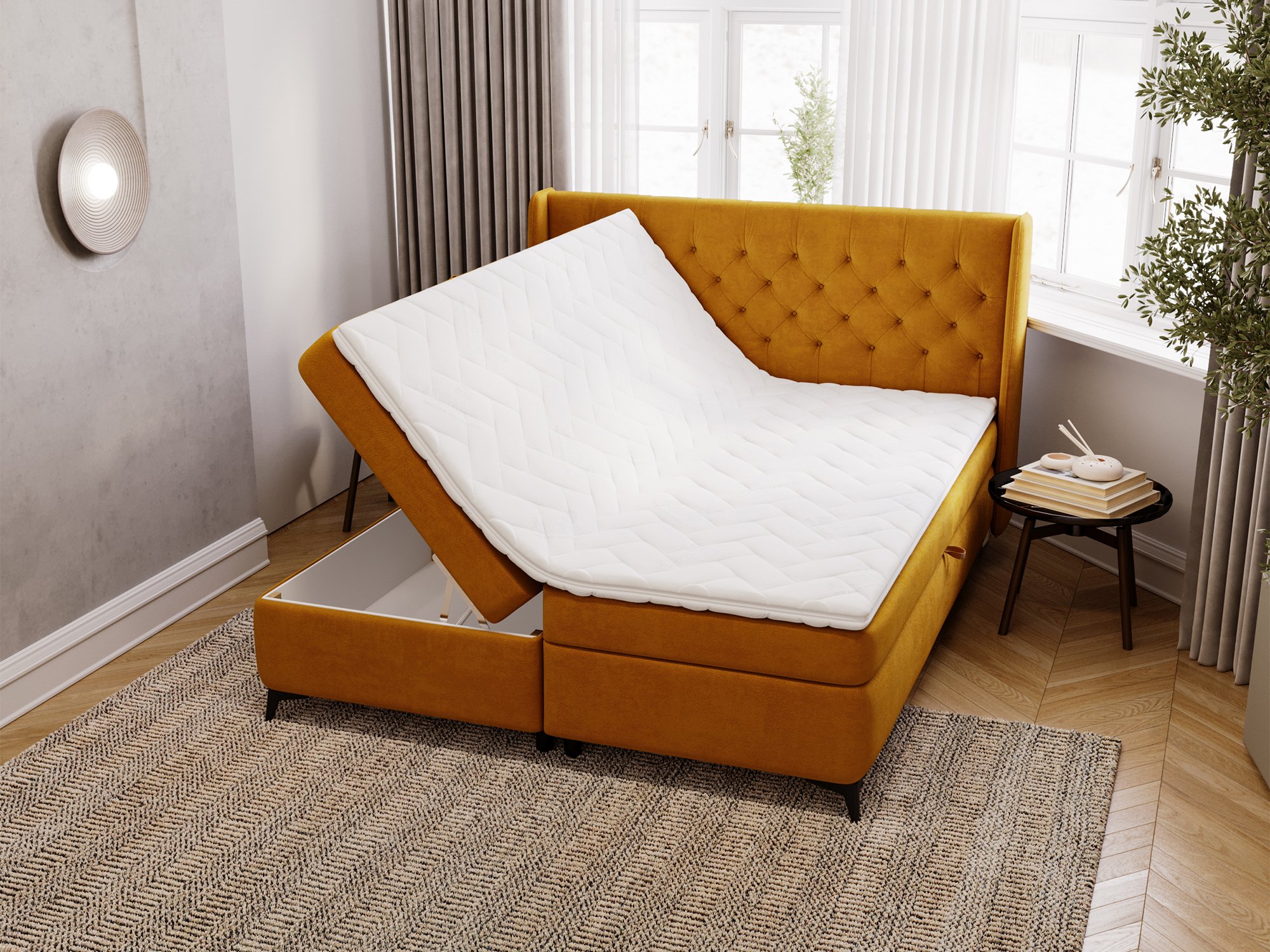 Łóżko musztardowe kontynentalne z eleganckim pikowanym zagłówkiem