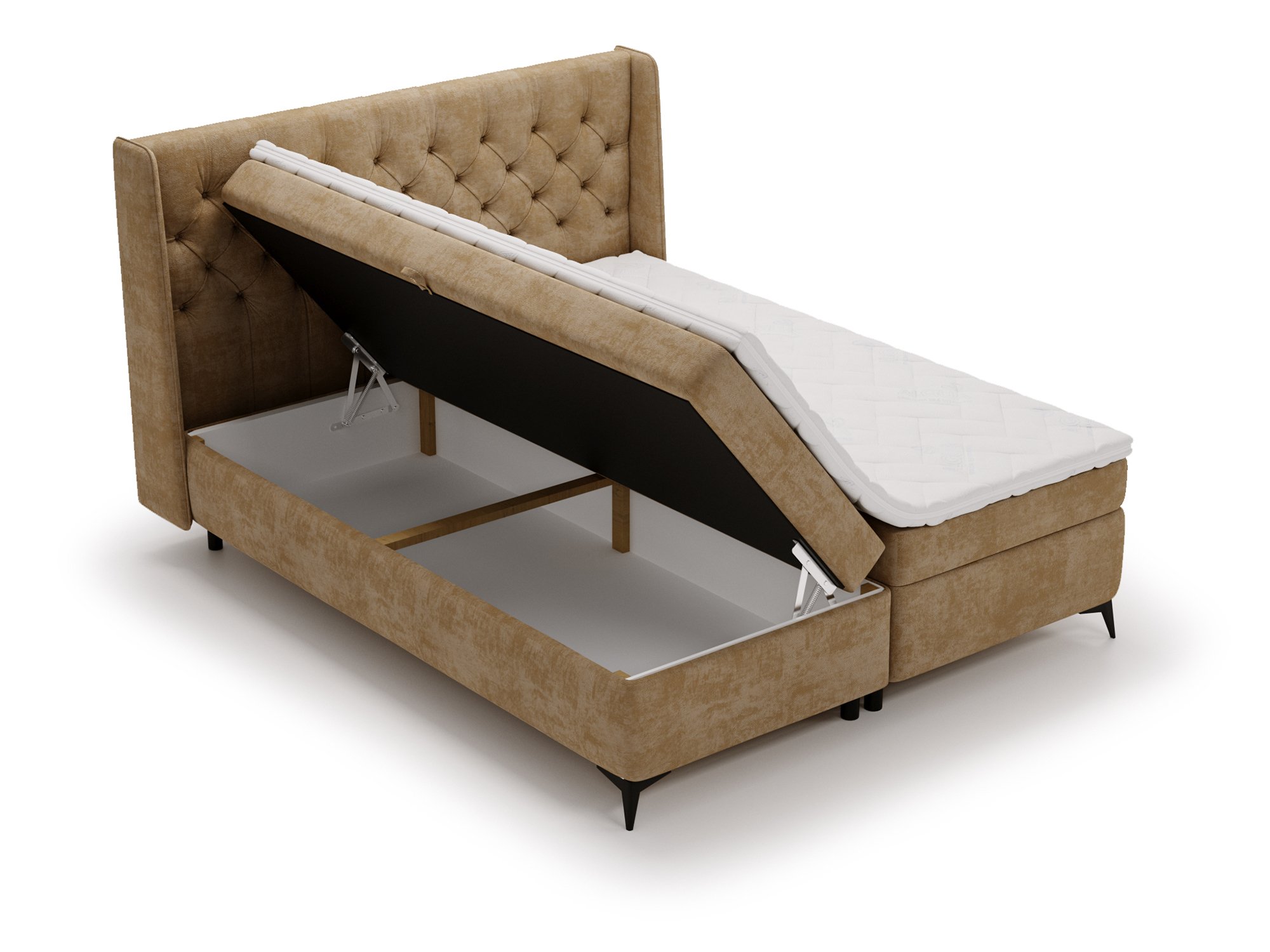 Karmelowe łóżko kontynentalne z otwartym pojemnikiem eleganckie