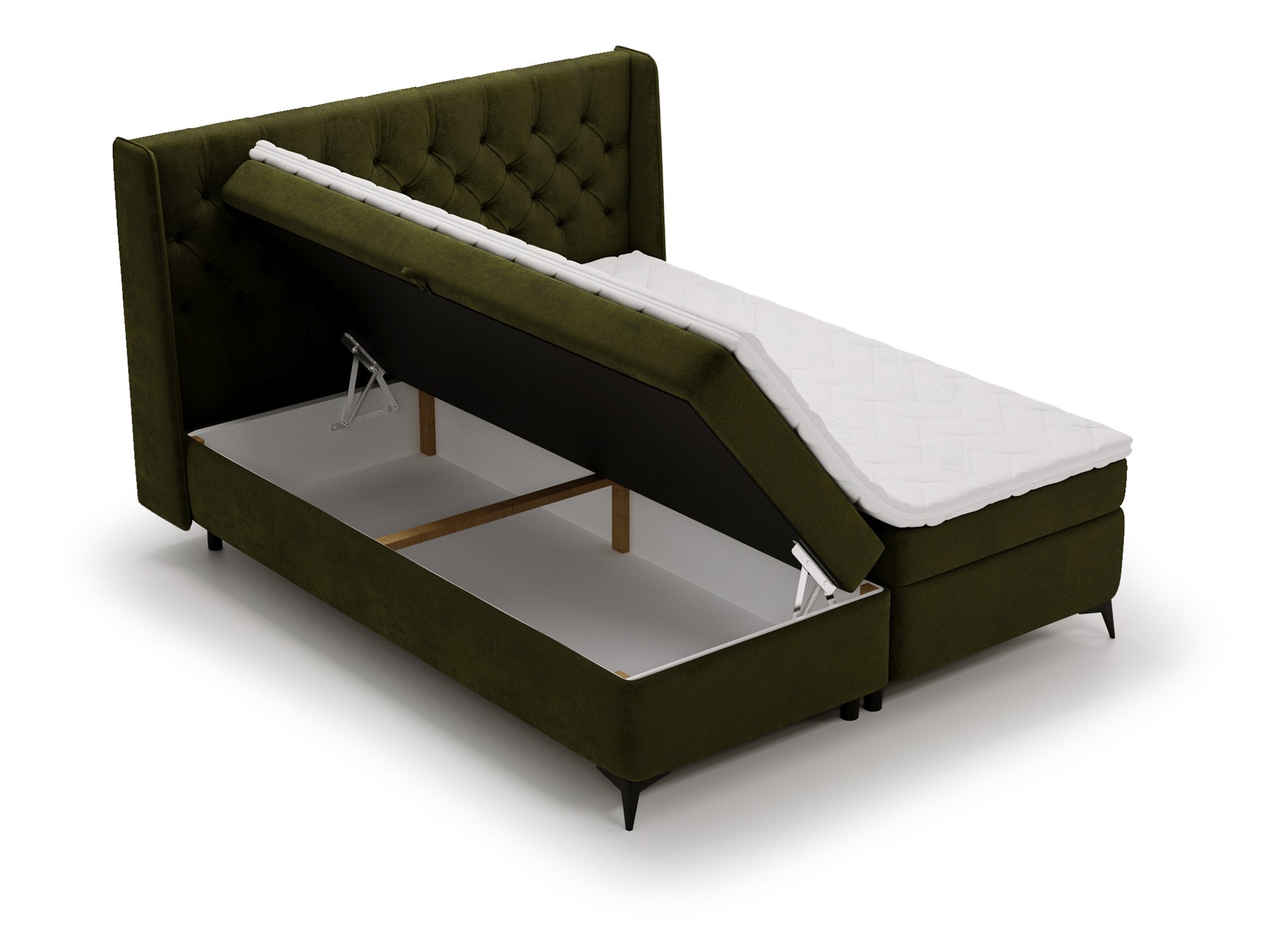 Oliwkowe łóżko tapicerowane z otwartym pojemnikiem eleganckie