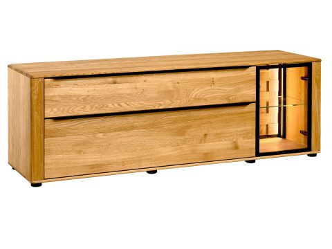 Niska komoda RTV dębowa z trzema szufladami i światłem