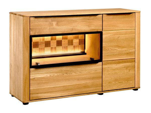 Komoda małą z pionowym układem półek i ledowym światłem