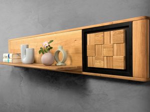 Miniaturka 1 - Długa półka wisząca wisząca z drewna z dekoracyjną kratką i ledowym światłem