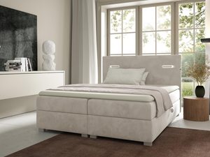 Miniaturka 6 - Łóżko tapicerowane w jasnobeżowym kolorze z prostym, eleganckim zagłówkiem