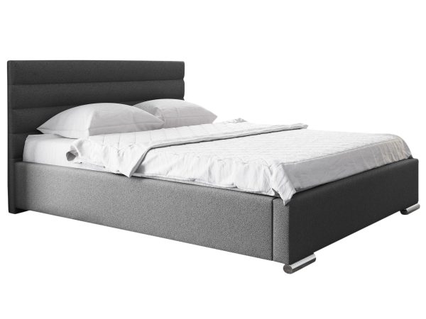 Szare łóżko tapicerowane z prostą konstrukcją i materacem