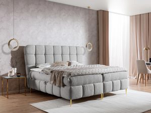 Miniaturka 12 - Jasnoszare łóżko tapicerowane z pikowanym zagłówkiem i złotymi nogami – stylowe łóżko z wyrazistym pikowaniem, idealne do nowoczesnych wnętrz.