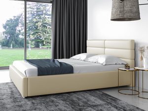 Miniaturka 3 - Beżowe łóżko tapicerowane z eleganckim zagłówkiem i ciemnymi zasłonami