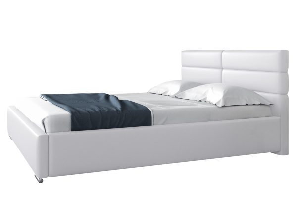 Proste białe łóżko z niskim zagłówkiem w minimalistycznej aranżacji