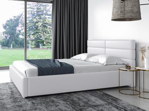 Miniaturka 1 - Białe łóżko tapicerowane z wysoką podstawą i materacem