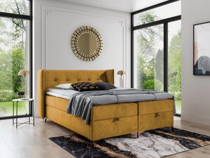 Miniaturka 6 - Żółte łóżko tapicerowane z prostym zagłówkiem i wyrazistym designem – nowoczesne łóżko w ciepłym, musztardowym odcieniu z prostym wykończeniem.
