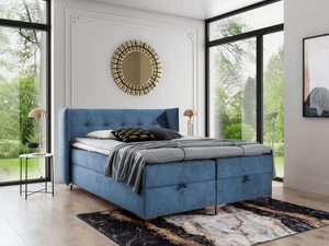 Miniaturka 8 - Niebieskie łóżko tapicerowane z prostym zagłówkiem i nowoczesnym designem – łóżko w intensywnym czerwonym odcieniu, idealne do nowoczesnych wnętrz.