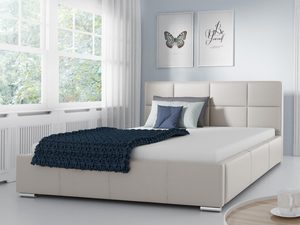 Miniaturka 13 - Stylowe łóżko beżowe z wysokim zagłówkiem i białą narzutą