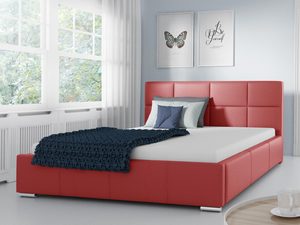 Miniaturka 7 - Tapicerowane łóżko w czerwieni z prostym wezgłowiem i szarym pledem