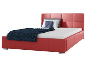 Miniaturka 1 - Czerwone łóżko tapicerowane z przeszyciami i ozdobną narzutą