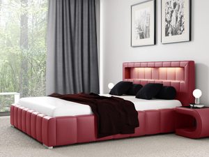 Miniaturka 4 - Czerwone łóżko tapicerowane z połyskiem i zagłówkiem w formie walca