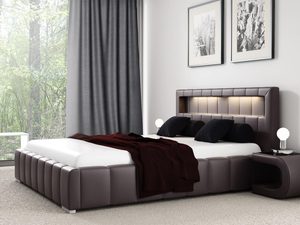 Miniaturka 6 - Brązowe łóżko z tapicerowanym zagłówkiem, lekko zaokrąglone boki.